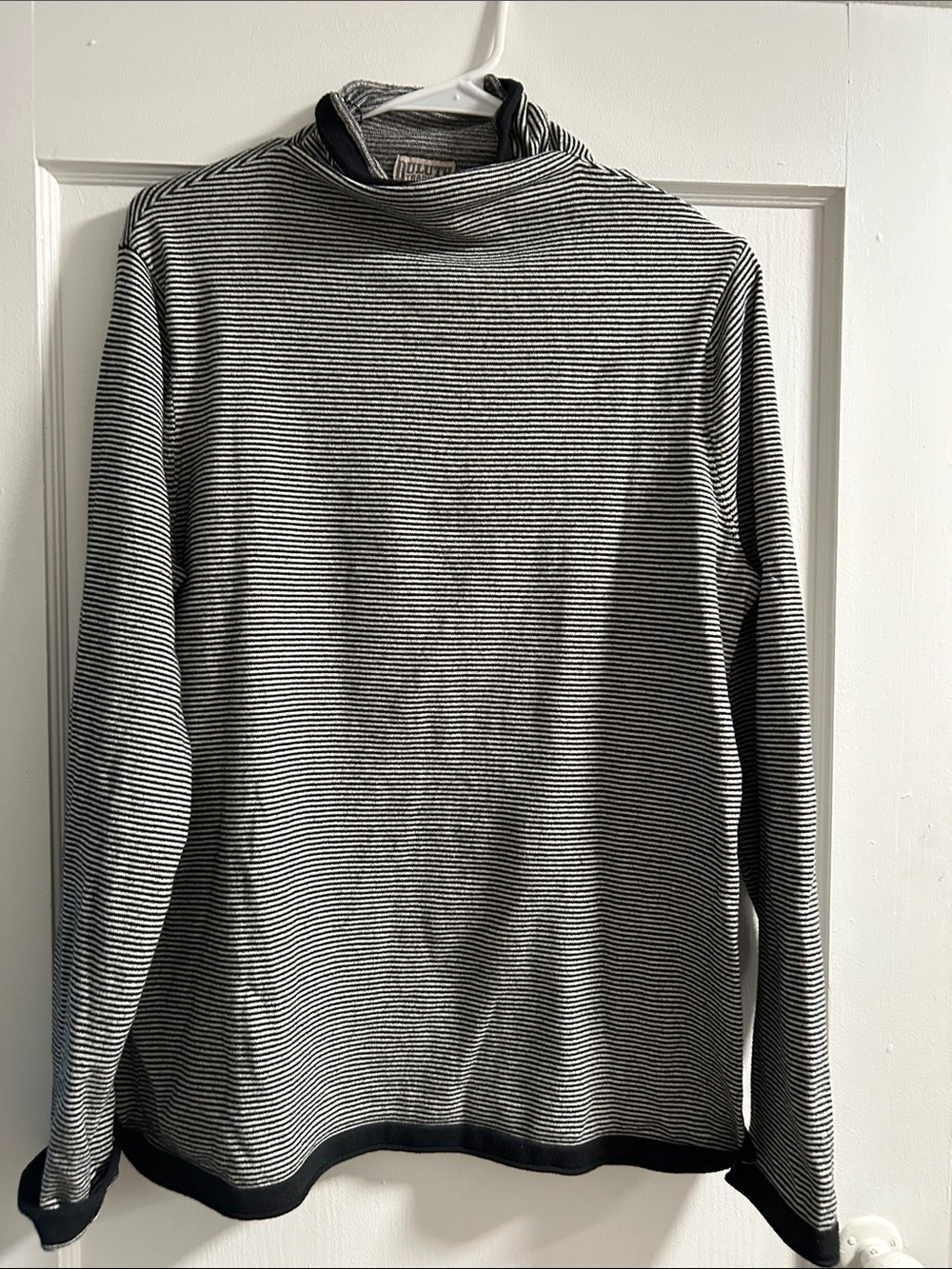 Duluth Trading Co Black and White Thin-Striped Turtleneck Sweater